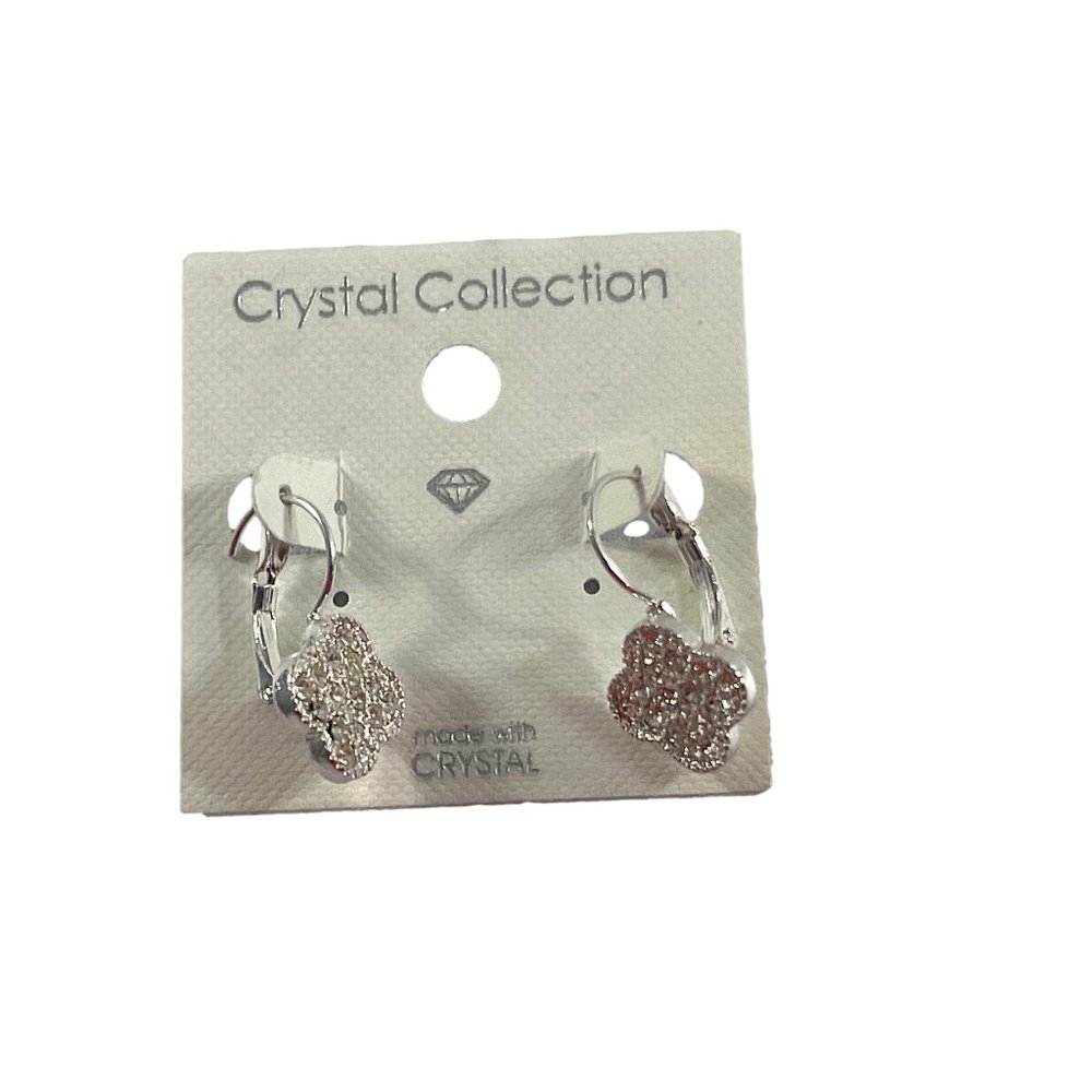 Crystal Collection Earrings Silver Tone Sparkle Dangle Clover Shape